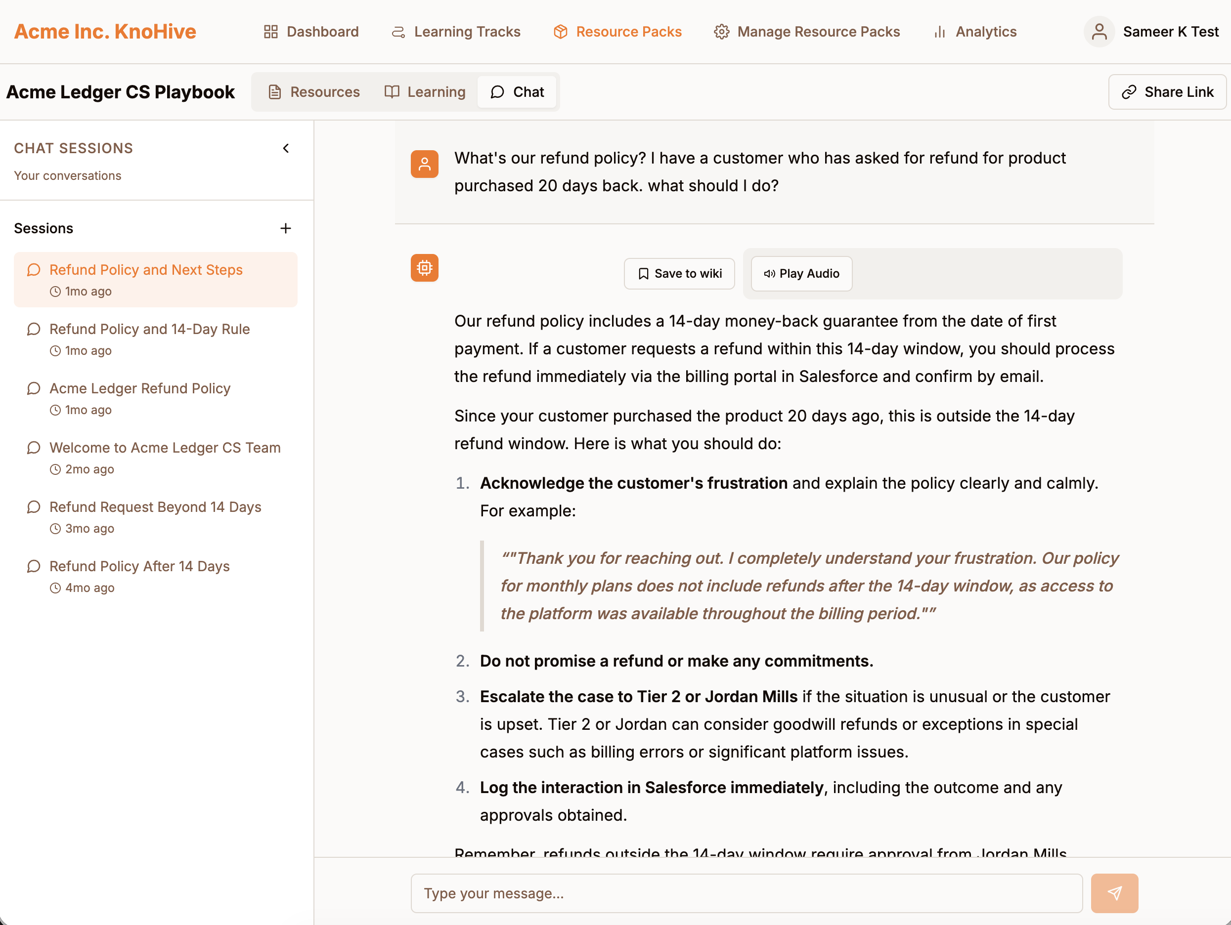 KnoHive’s Acme Ledger CS Playbook chat, with conversation history and a response to a refund-policy question.